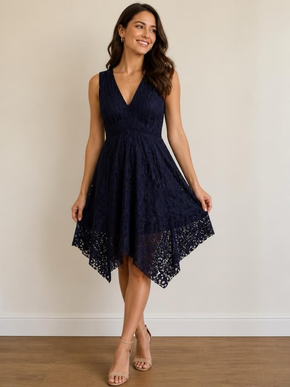 Just...Taylor Navy Lace Handkerchief-Hem Midi Dress
